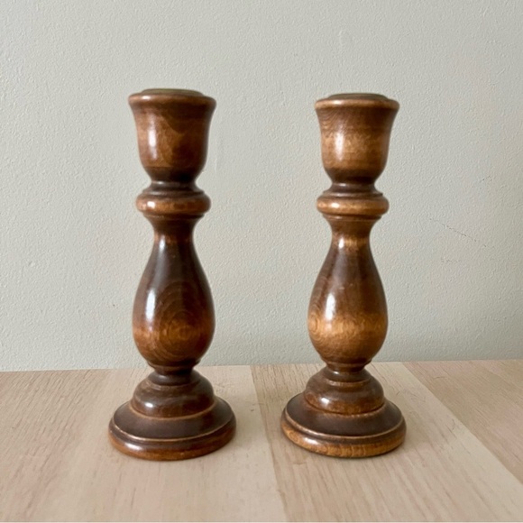 Vintage Set of 2 Wooden Candlesticks Taper Candle Holder Pair - Picture 1 of 7